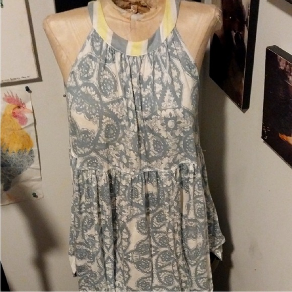 Free People Mimi Hi Low Relaxed Blue & White Multi Halter Tunic Top Small EUC - Picture 5 of 16